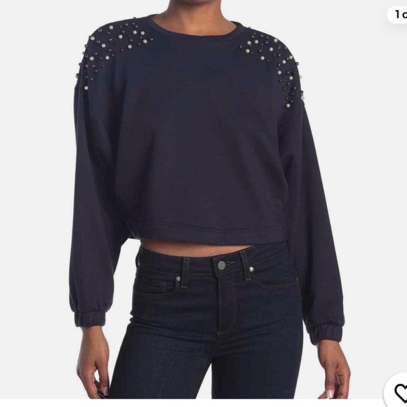 14th & Union Tops - 14 & Union Faux Pearl Crew Neck in Black
